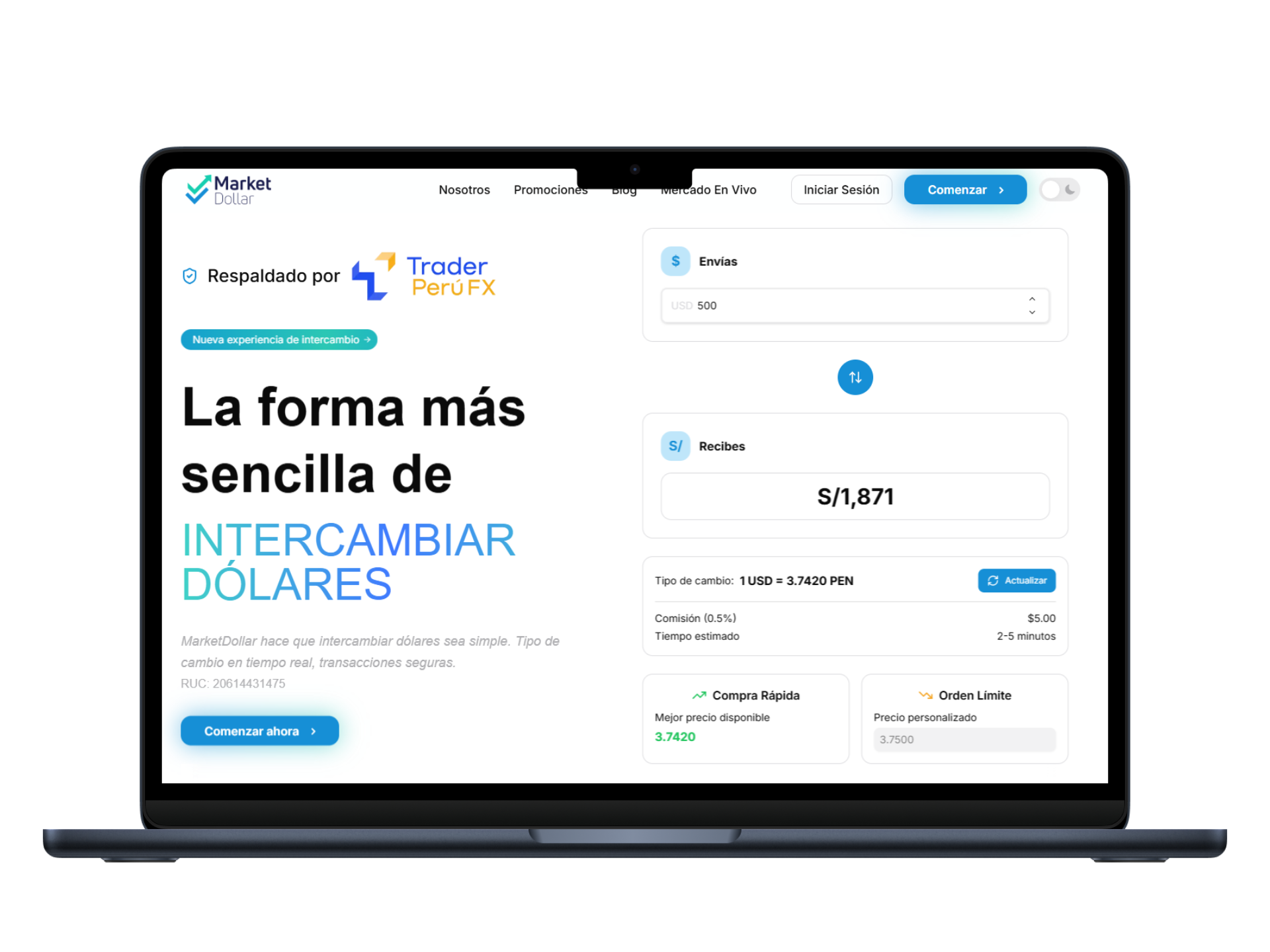 Laptop mostrando la plataforma de Market Money